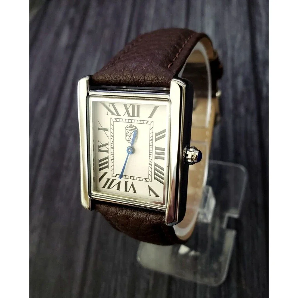 Pierre Lucerne 1888 Must Tank Style Swiss Inspired Classic Mens Watch Brown Band